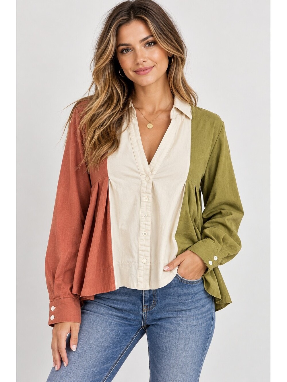 ee:some Los Angeles Hand Dyed Cotton Boho Colorblock Blouse M Olive Rust NWT